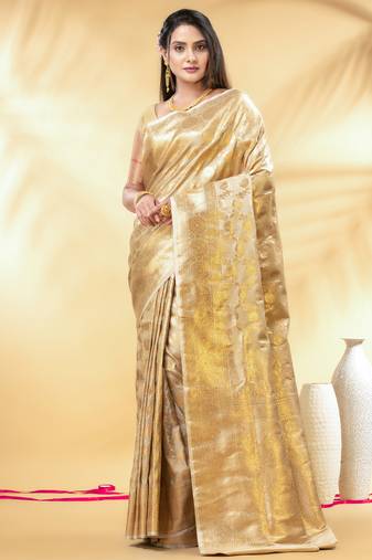 beige katan banarasi silk blend saree with golden zari weaving