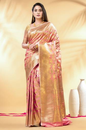 baby pink katan banarasi silk blend saree with golden zari weaving