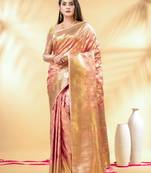 baby pink katan banarasi silk blend saree with golden zari weaving