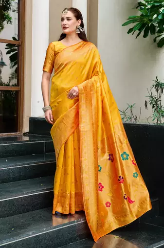 Orange woven floral silk blend zari weaving paithani saree