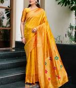 Orange woven floral silk blend zari weaving paithani saree