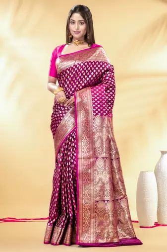 magenta katan banarasi silk blend saree with gold zari buta work