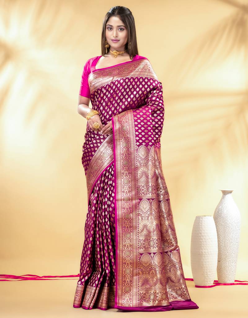 magenta katan banarasi silk blend saree with gold zari buta work