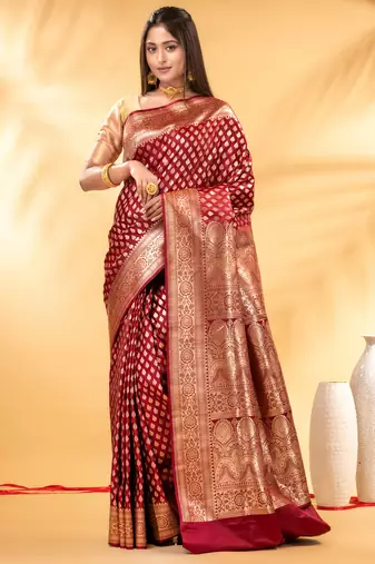 dark red pure katan banarasi silk blend saree with antique gold zari work