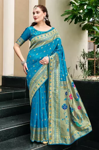 Royal blue woven floral silk blend zari weaving paithani saree