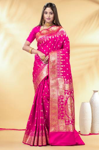 rani pink katan banarasi silk blend saree with gold zari weaving