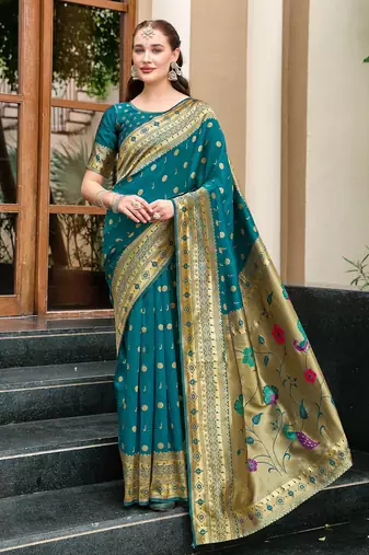 Deep teal woven floral silk blend zari weaving paithani saree