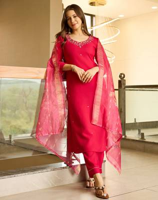 pink viscose embroidered straight kurta with pant and dupatta sets 1