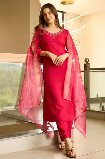 pink Viscose Embroidered Straight Kurta with Pant And Dupatta Sets