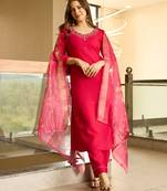 pink Viscose Embroidered Straight Kurta with Pant And Dupatta Sets