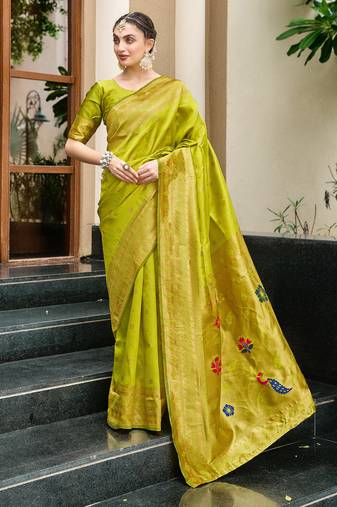 Light green woven floral silk blend zari weaving paithani saree