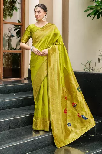 Light green woven floral silk blend zari weaving paithani saree