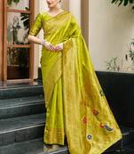 Light green woven floral silk blend zari weaving paithani saree