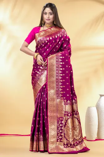 magenta katan banarasi silk blend saree with gold zari weaving