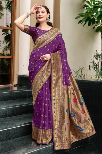 Purple woven floral silk blend zari weaving paithani saree