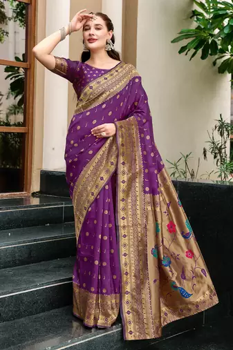 Purple woven floral silk blend zari weaving paithani saree