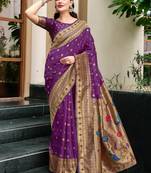Purple woven floral silk blend zari weaving paithani saree