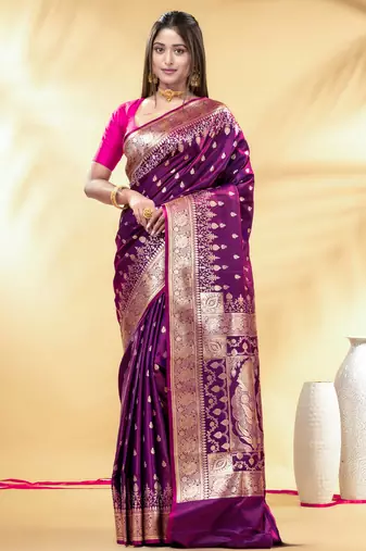 purple katan banarasi silk blend saree with gold zari weaving