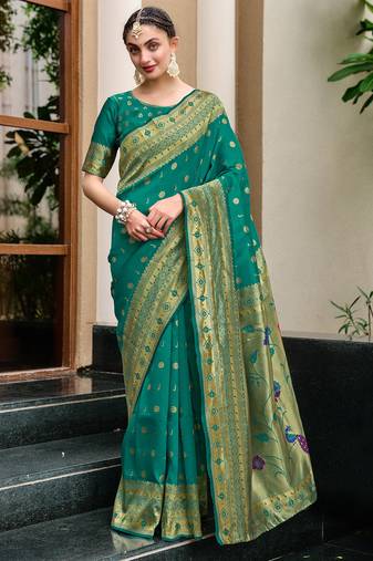 Green woven floral silk blend zari weaving paithani saree