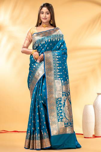 sky blue katan banarasi silk blend saree with gold zari weaving