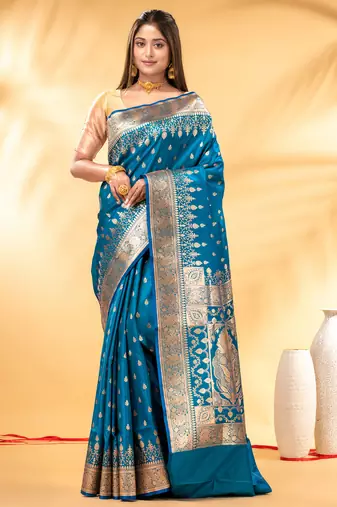 sky blue katan banarasi silk blend saree with gold zari weaving