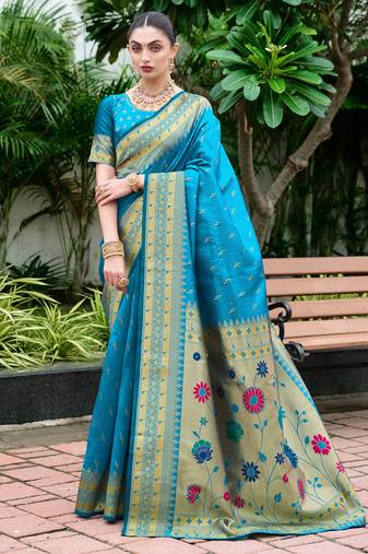 Sky blue woven floral silk blend zari weaving paithani saree