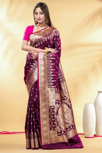 burgundy katan banarasi silk blend saree with gold zari weaving