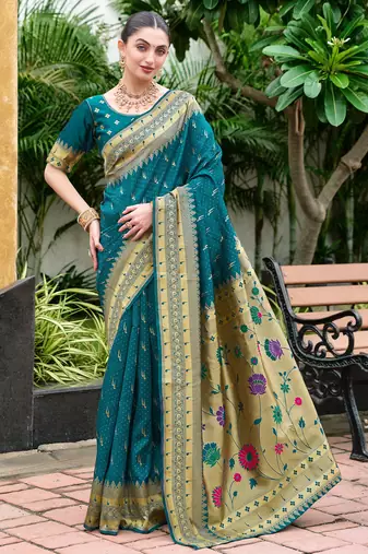 Deep teal woven floral silk blend zari weaving paithani saree