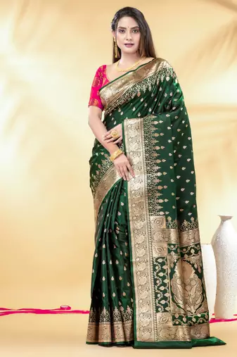 bottle green katan banarasi silk blend saree with gold zari weaving