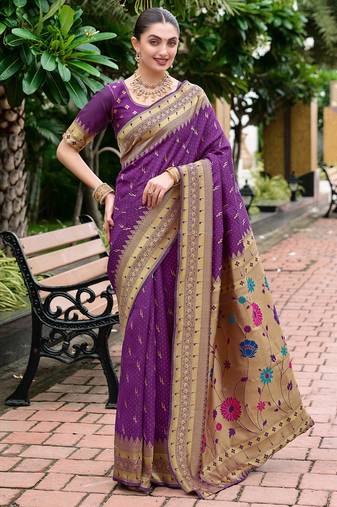 Purple woven floral silk blend zari weaving paithani saree