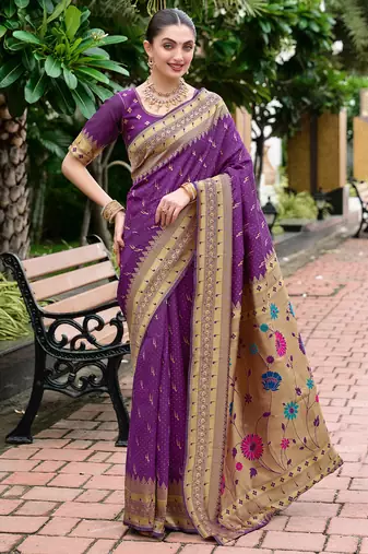 Purple woven floral silk blend zari weaving paithani saree