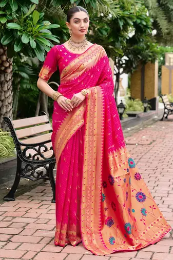 Hot pink woven floral silk blend zari weaving paithani saree