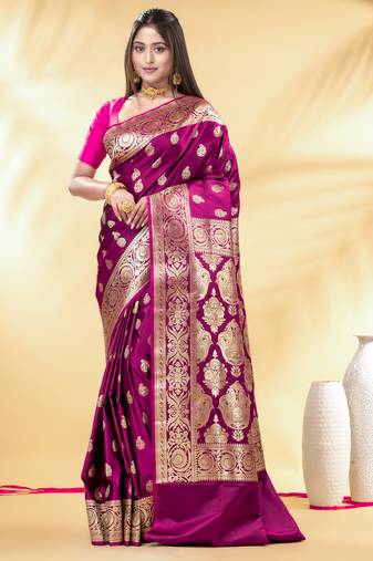magenta katan banarasi silk blend saree with gold zari brocade weaving