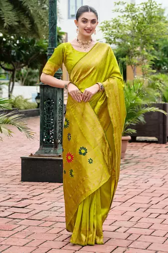 Light green woven floral silk blend zari weaving paithani saree