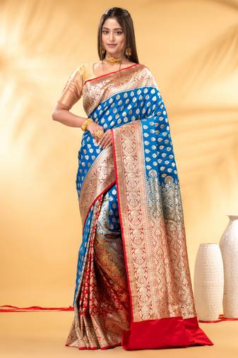 sky blue and red katan silk blend patli pallu banarasi saree with zari weaving