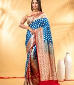 sky blue and red katan silk blend patli pallu banarasi saree with zari weaving