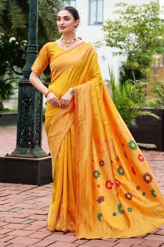 Orange woven floral silk blend zari weaving paithani saree