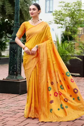 Orange woven floral silk blend zari weaving paithani saree
