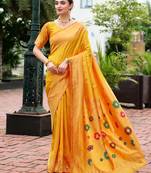 Orange woven floral silk blend zari weaving paithani saree