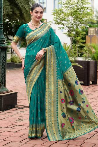 Green woven floral silk blend zari weaving paithani saree
