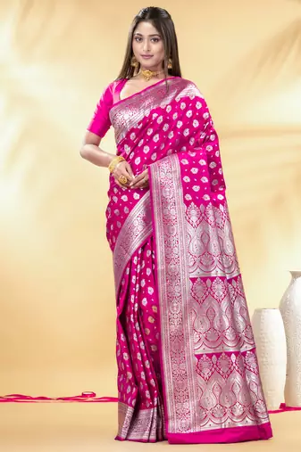 rani pink katan banarasi silk blend saree with silver zari weaving