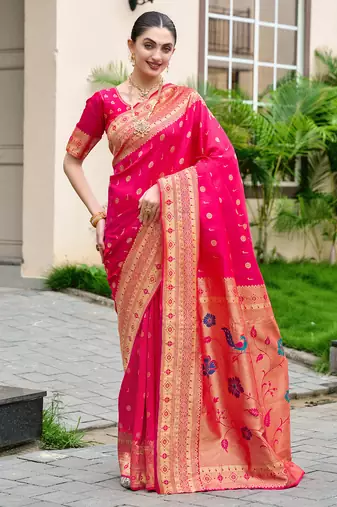 Hot pink woven floral silk blend zari weaving paithani saree