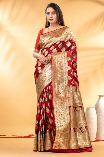 crimson red katan banarasi silk blend saree with gold zari leaf motif