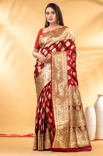 crimson red katan banarasi silk blend saree with gold zari leaf motif