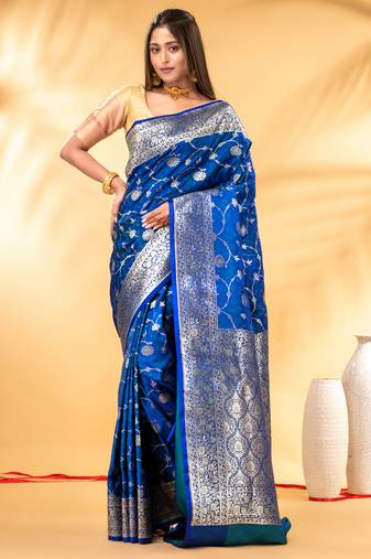 royal blue katan banarasi silk blend saree with silver zari work