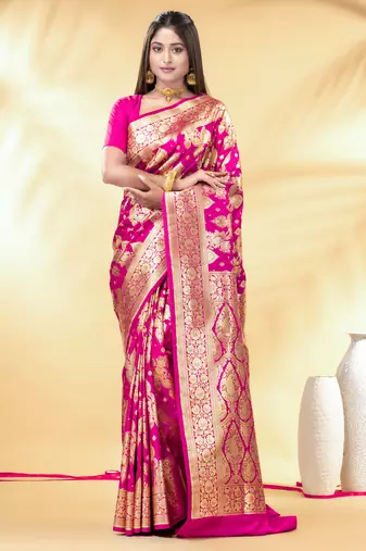rani pink katan banarasi silk blend saree with golden zari weaving