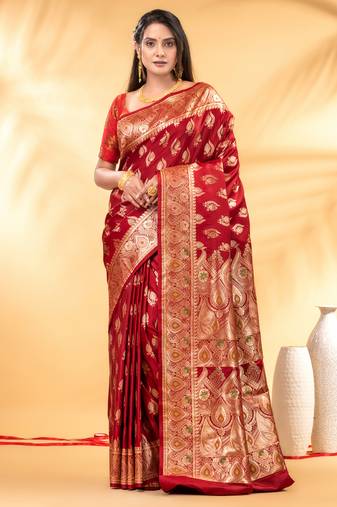dark red katan banarasi silk blend saree with antique gold zari weaving