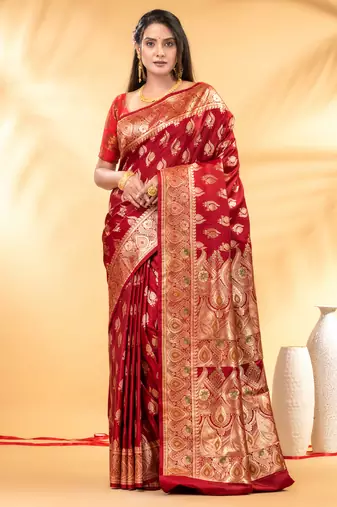 dark red katan banarasi silk blend saree with antique gold zari weaving