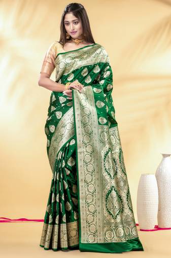 green katan banarasi silk blend saree with silver zari buta