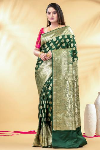 green katan banarasi silk blend saree with golden zari and buta design